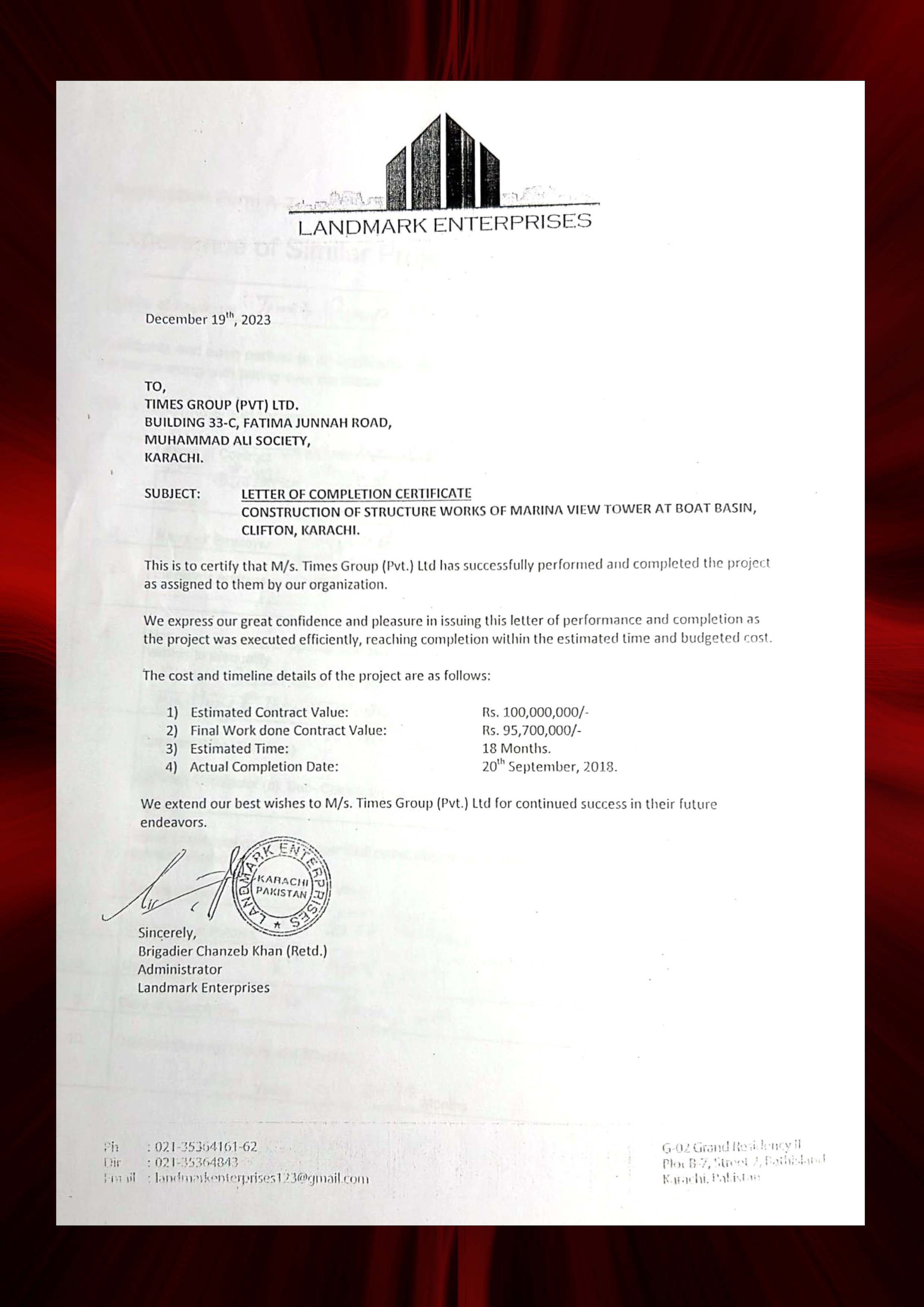 The Court Sky Tower completion certificate